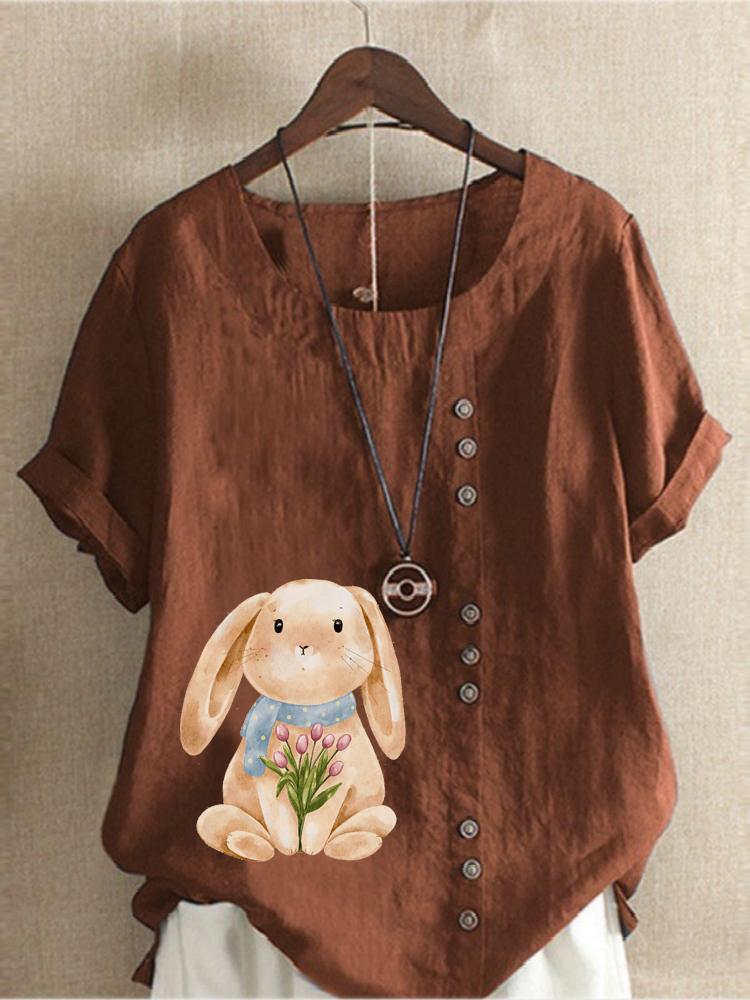 Women's Fashion Rabbit Print Casual Cotton Linen Short Sleeve Round Neck T-shirt Shirt Leisure Loose Summer Blouse Tops