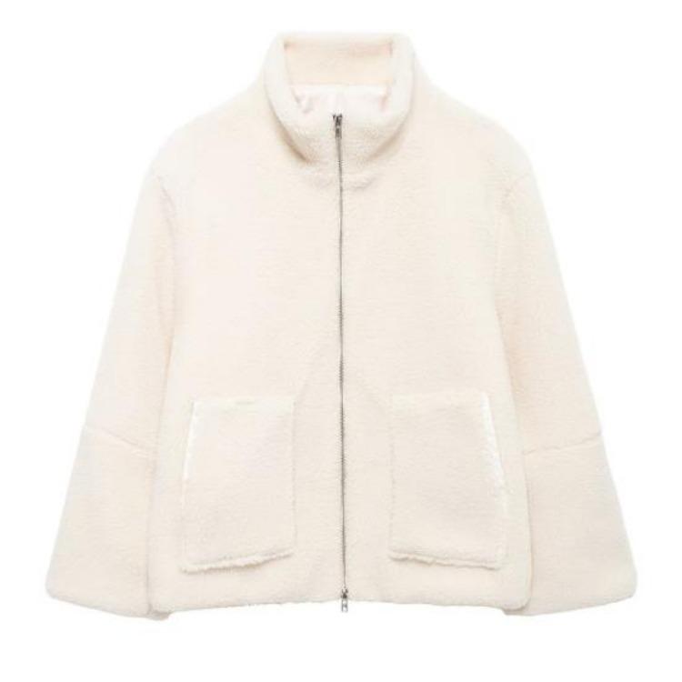 

Winter Woolen Coat for Women Turn Down Collar Loose Thermal Jacket Long Sleeves Pure Color with Pockets Zipper Closure School Dating Commuting S бежевый
