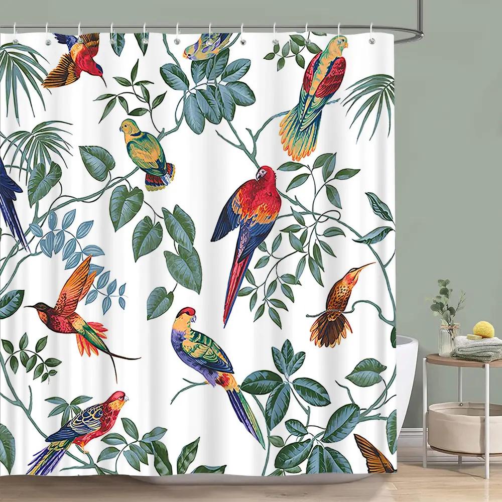 Vintage Blommig Färgstark Fågel Duschdraperi Akvarellmålning Konst Kreativt Hem Polyester Duschdraperier Badrumsdekor