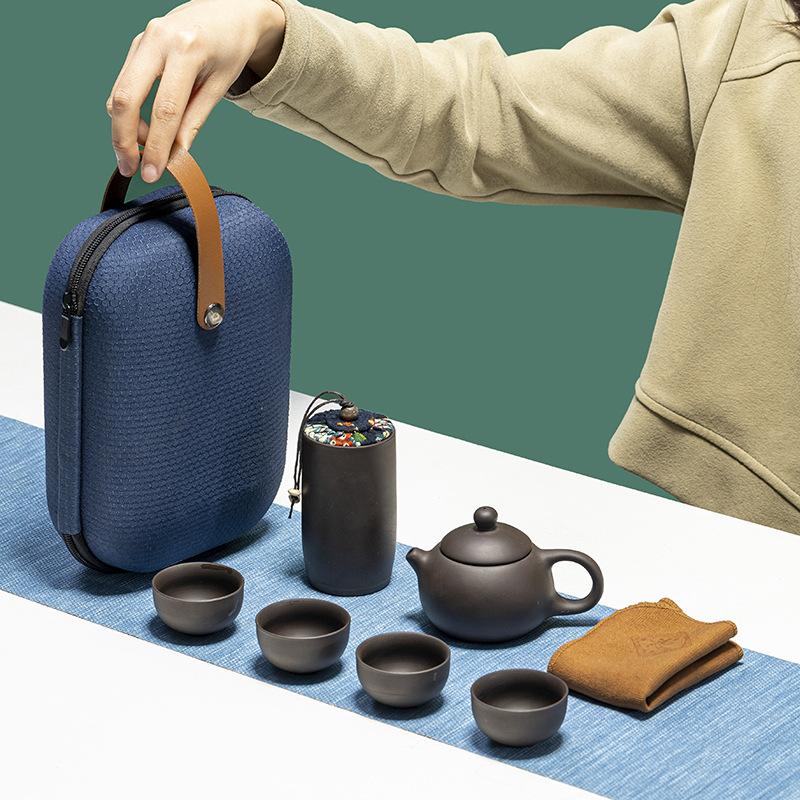 Purple Sand Tea Set Xishi Pot Travel Set Outdoor Tea Making Portable One Pot of Four Cups Activity Supplies