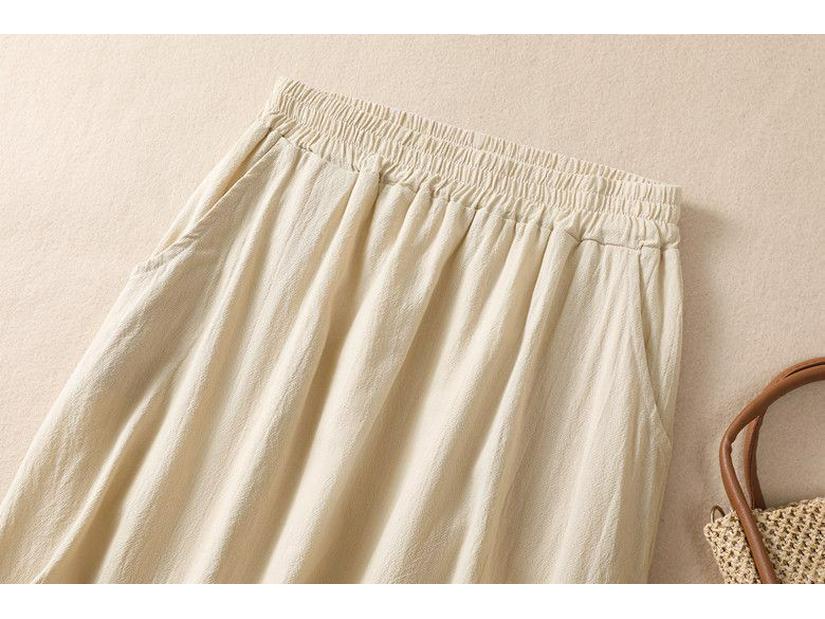 Embroidered Cotton Linen A-line Skirt - High Waist, Wide Hem, Casual Fit
