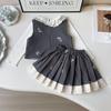 Girls' Stylish College-Style Embroidered Vest & Pleated Skirt Set for Autumn/Spring