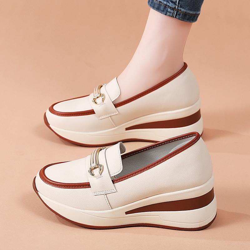Women Slip on Platform Loafers Casual Leather Business Office Shoes Thick Sole Height Increase Shake Shoes Large Size