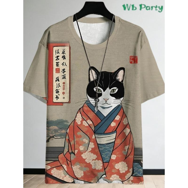 Japanese Samurai Cat 3D Printed T-Shirts for Men Short Sleeve Tee Casual Loose Harajuku Men's Clothing Oversized T-Shirt Tops