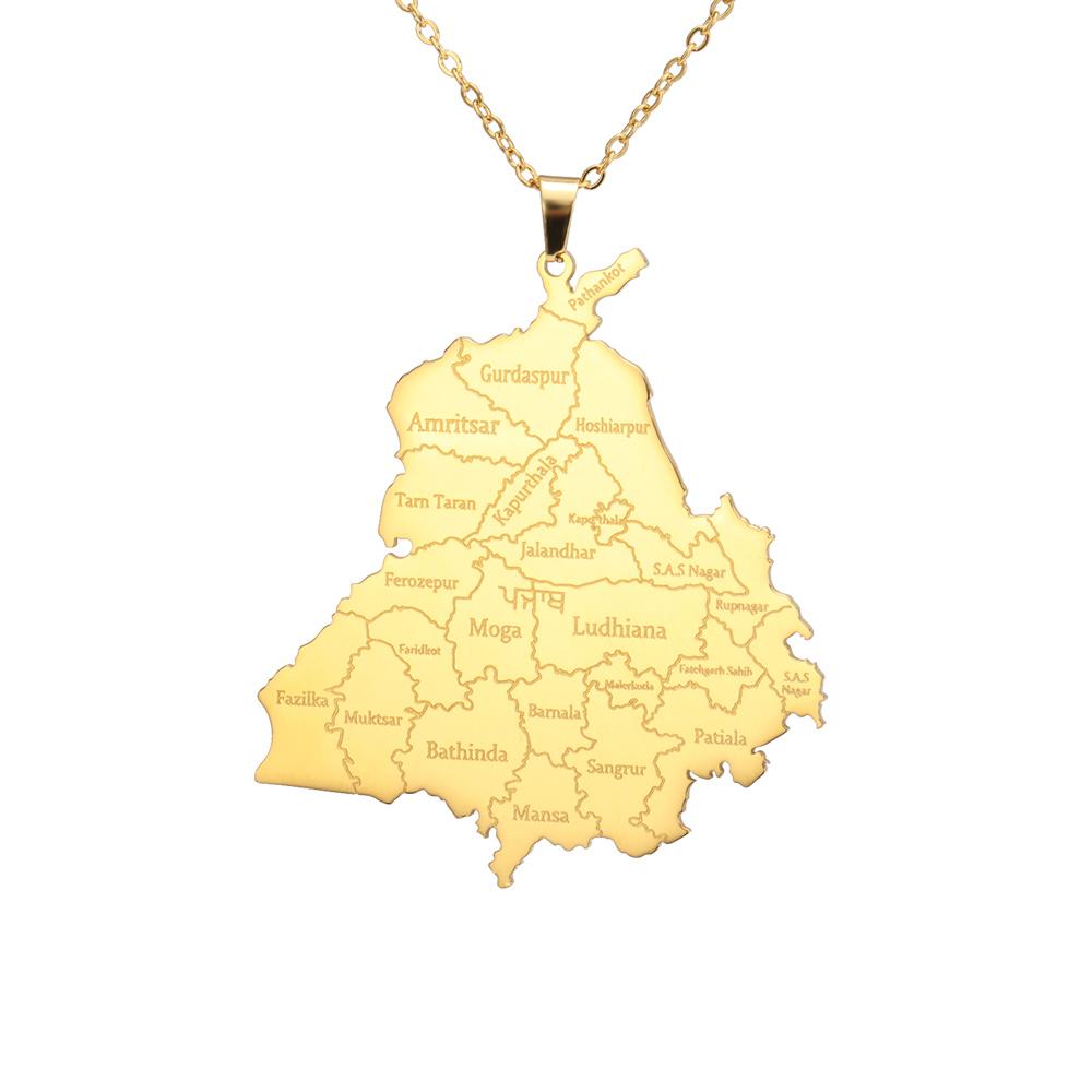  India Punjab State Map Pendant Necklace for Man Stainless Steel Box Chain Geography Country Necklaces Ethnic Jewelry