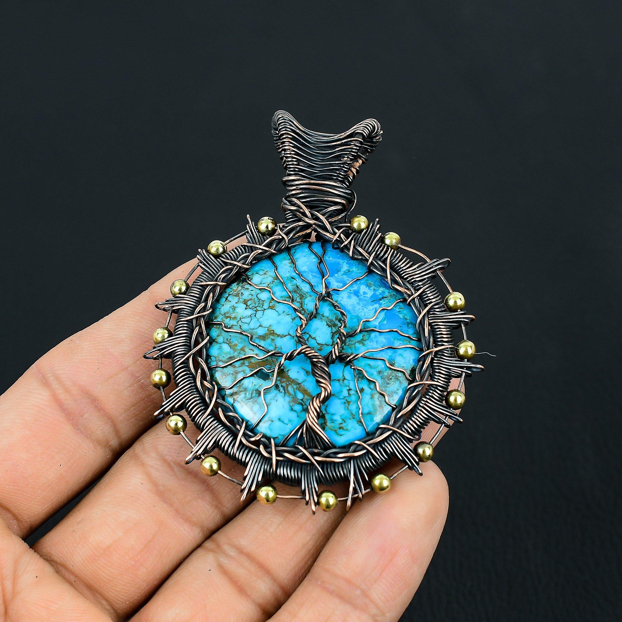 

Древо жизни бирюзовый драгоценный камень ручной работы из чистой медной проволоки обернутый замечательный ювелирный кулон 2.56 Inches синий