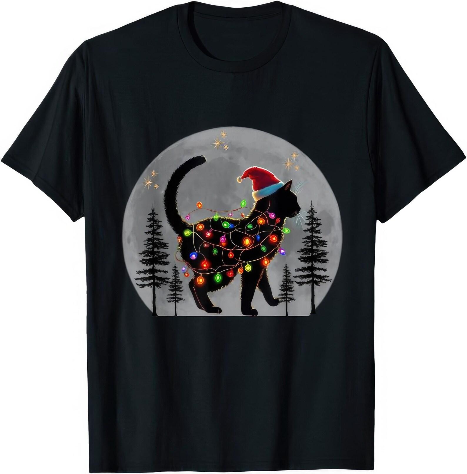 Black Cat Christmas Santa Hat Meowy Cats Christmas Lights Moon T shirt S
