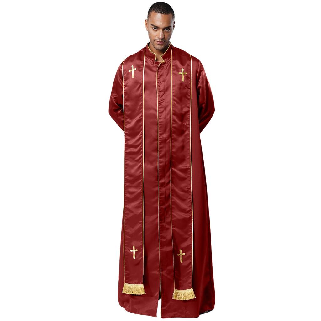 Mens Priest Robe Costume Stand Collar Long Sleeve Front Zip Design Gold Cross Cassock Catholic Halloween Cosplay Vestments