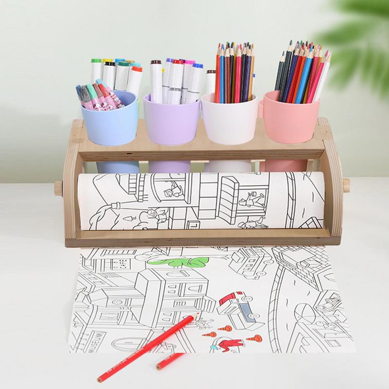 Drawing Paper Roll Holder Art Painting Paper Roll Stand With Pencil Holder Cups Wooden Parchment Dispenser Drawing Art Supplies