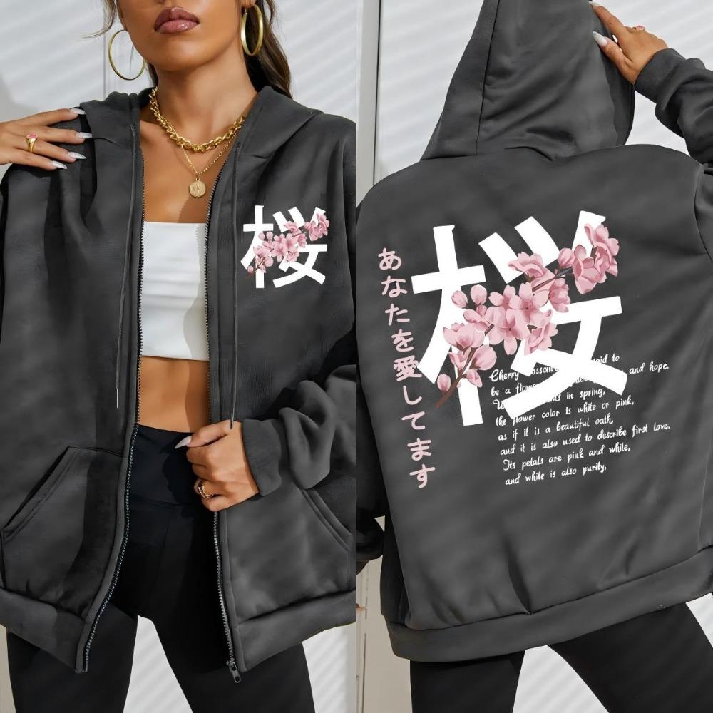 Japan Harajuku Cherry Blossom Art Letter Design Zipper Hoody Women Street Casual Tops Autumn Loose Hoodie Clothings