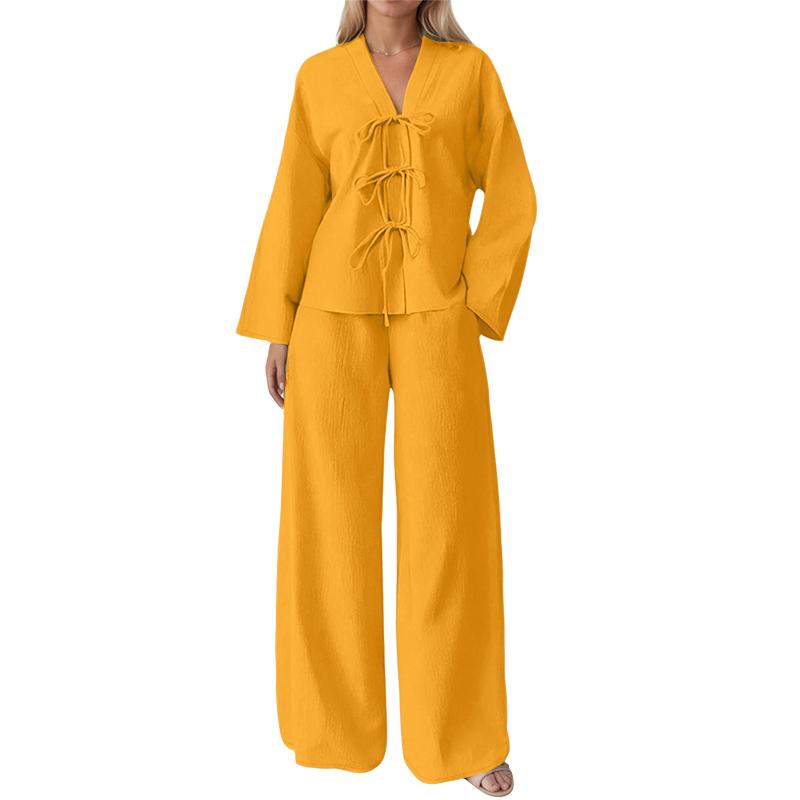 

ZANZEA Женский Блузка с длинным рукавом на шнуровке и брюки Повседневные комплекты-двойки 5XL жёлтый