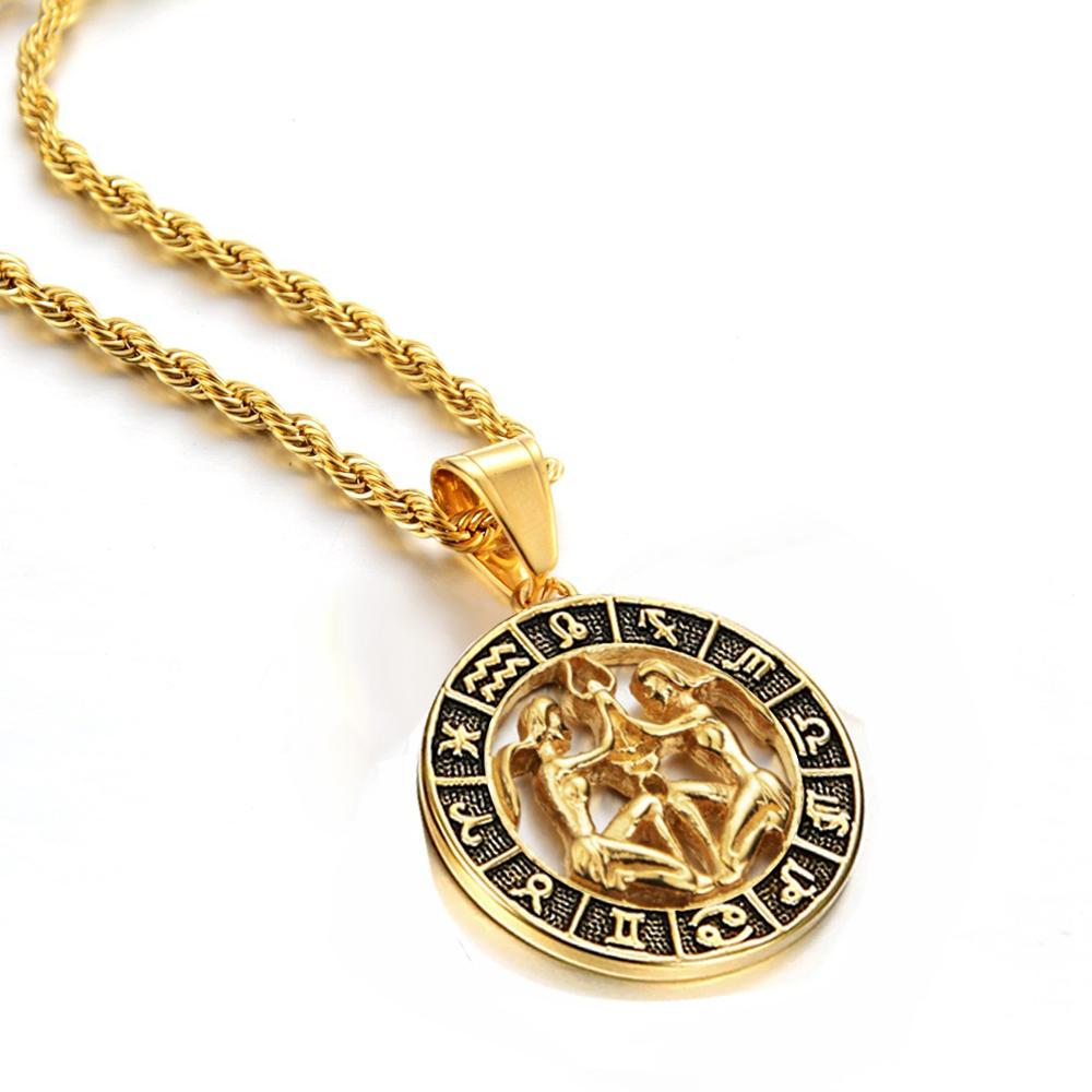 Scorpio Aries 12 Constellation Pendant Necklace Gold Color Stainless Steel Chain For Men Women Zodiac Jewelry Birthday Gift