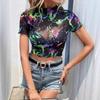2026 Summer New Women's Colorful Pattern Mesh Short Slim-Fit T-Shirt