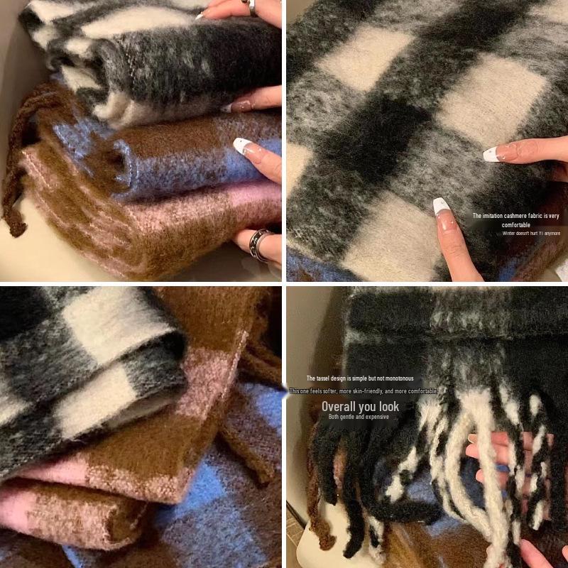 Korean Style Plaid Mohair Scarf - Women's Winter Imitation Cashmere Shawl