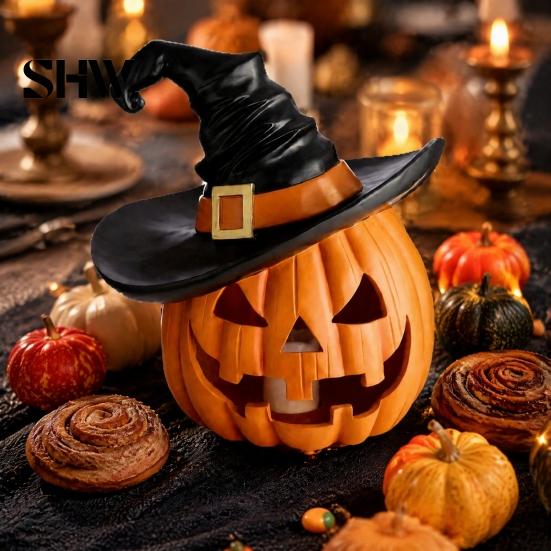 Weighted Solid Resin Figurines Halloween Pumpkin Ornament with Witch Hat, Jack O Lantern Decorative Lamp, Tabletop Figurine for Party Spooky