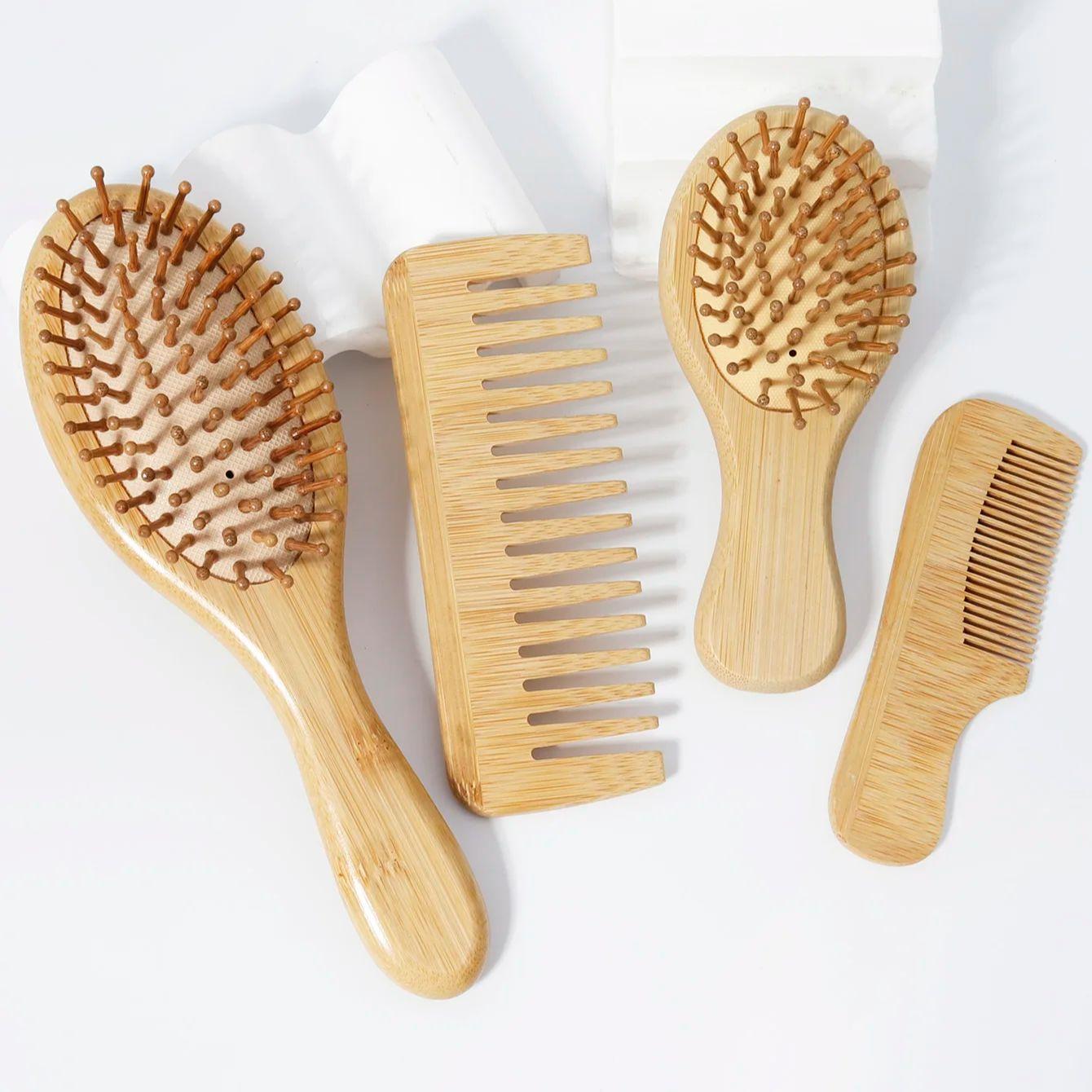 

4 pcs hair comb set, equipped with bamboo and wood wide teeth and tail comb, as well as massage brush,Special for real hair wigs