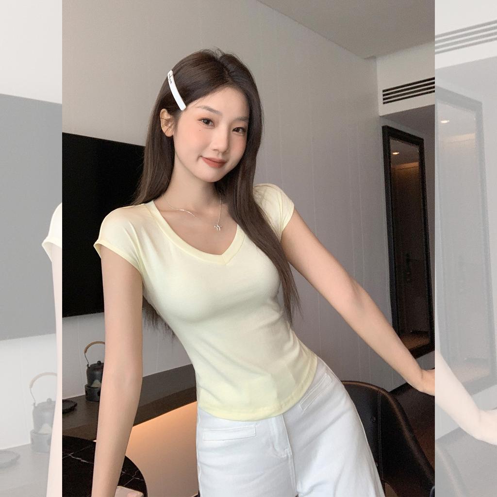 Tencel White V-neck Front Shoulder Short-sleeved T-shirt Women's Summer New Xiaofei Sleeves Slim-fitting Age-reducing Waist Top
