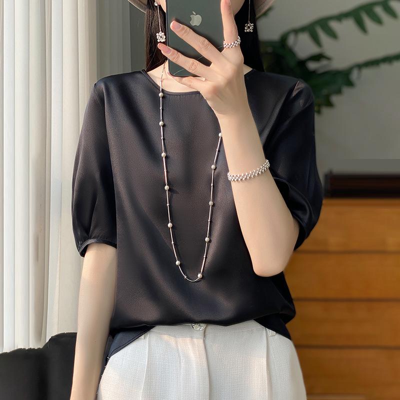 Satin Round Neck Half-Sleeve Loose T-Shirt for Women