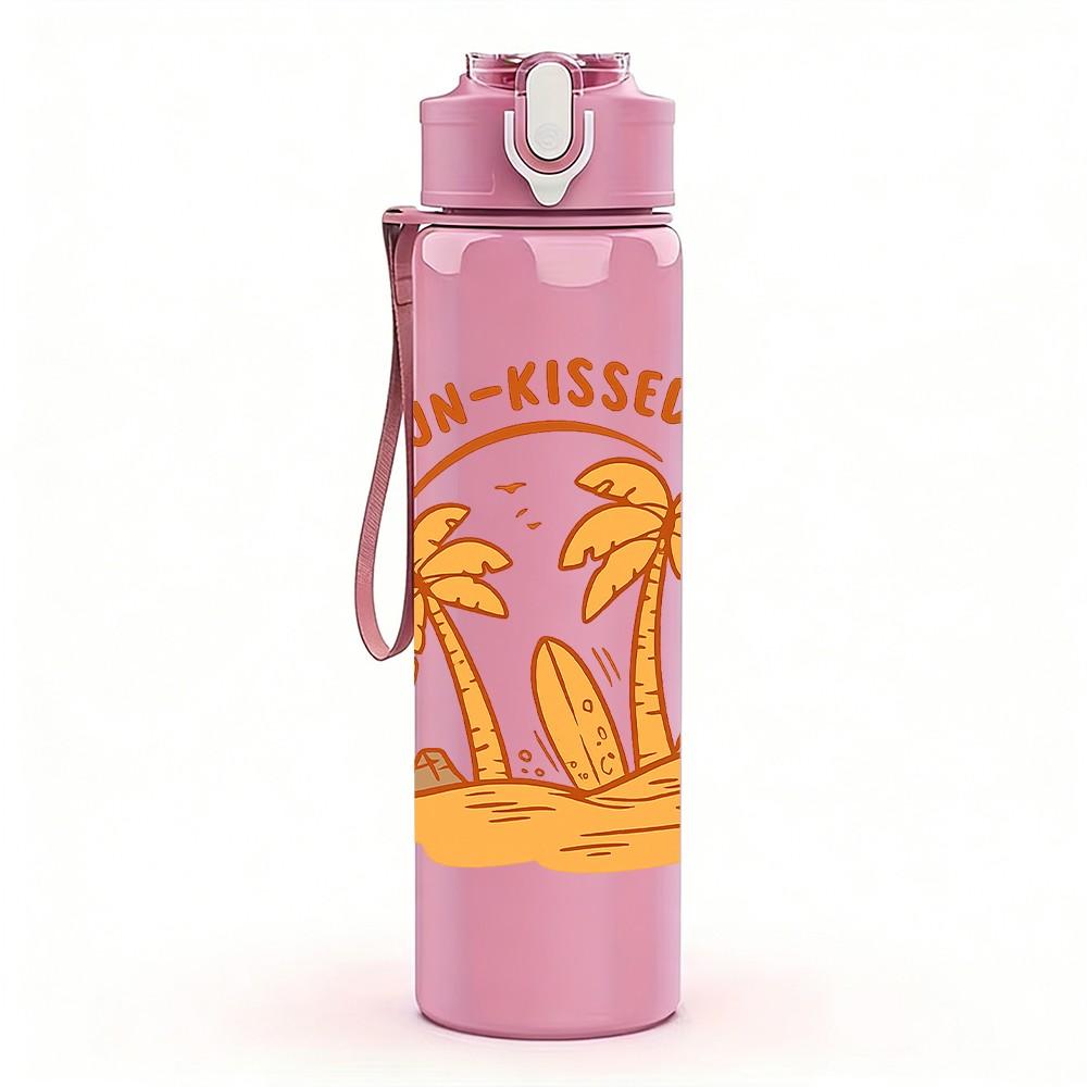 1PC Sun Kissed Palm Tree Summer Beach Print 750ml Color Plastic Sports Water Bottle Leakproof Flip Straw Lid Suitable for Sports Office Home Use