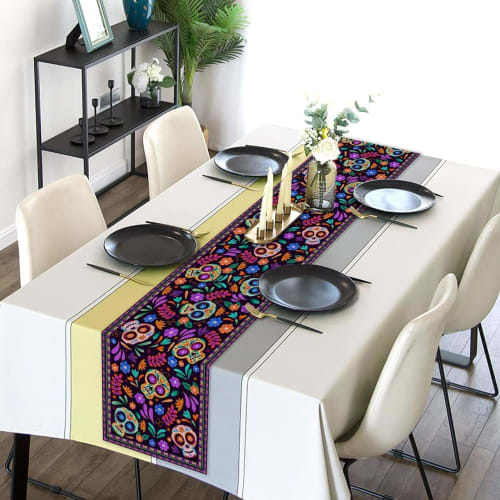 Mexican Skeleton Tablecloth - New Mexican Day of the Dead Table Runner, Mexican Sugar Skull Kitchen and Restaurant Decor, Rustic Linen Tablecloth, Mex