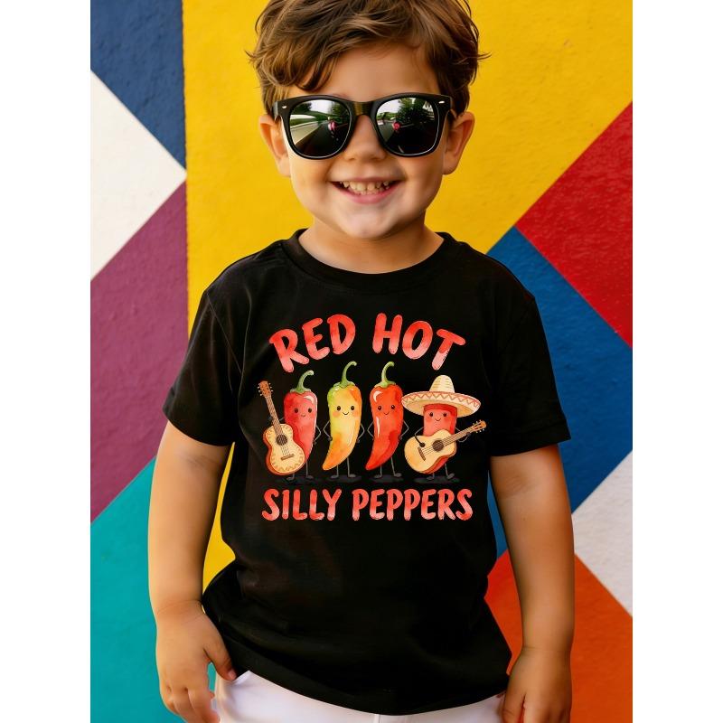 Boys Crew Neck Short Sleeve T-Shirt with Cartoon Spicy Chili Print