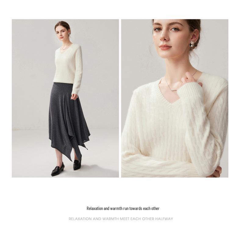 3D Cable Knit V-Neck Cashmere Sweater - Women's Elegant Autumn/Winter 2026 Collection, Loose Slimming Fit