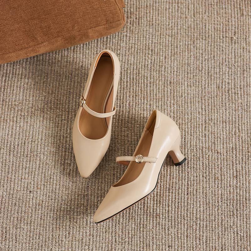Krazing Pot Genuine Leather Round Toe Thin Heels Summer Shoes Solid Big Size 42 Shallow Decoration buckle Women Shallow Pumps