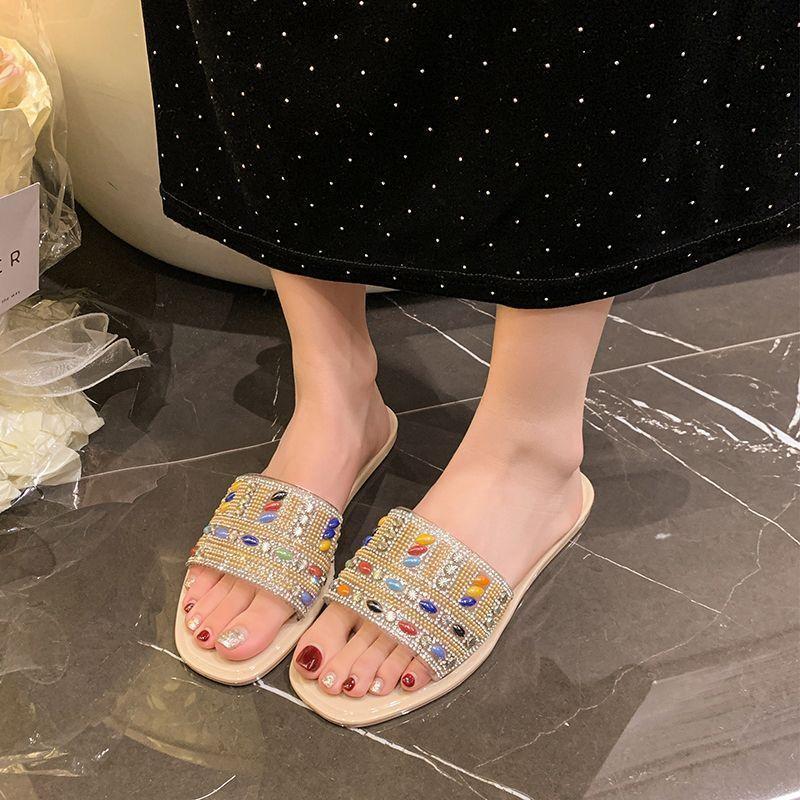 2025 Internet Celebrity Fashion Flat Slippers Summer Women Wear New Versatile Niche Design Rhinestone Slippers Women