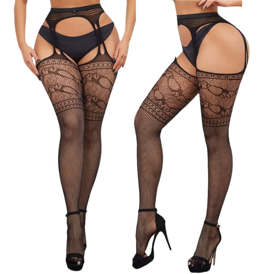 Freeauce Woman Plus Size Fishnets Open Crotchless Pantyhose Knee Thigh High Lace Sexy Stockings With Garter Belt Tights 5Xxxxxl