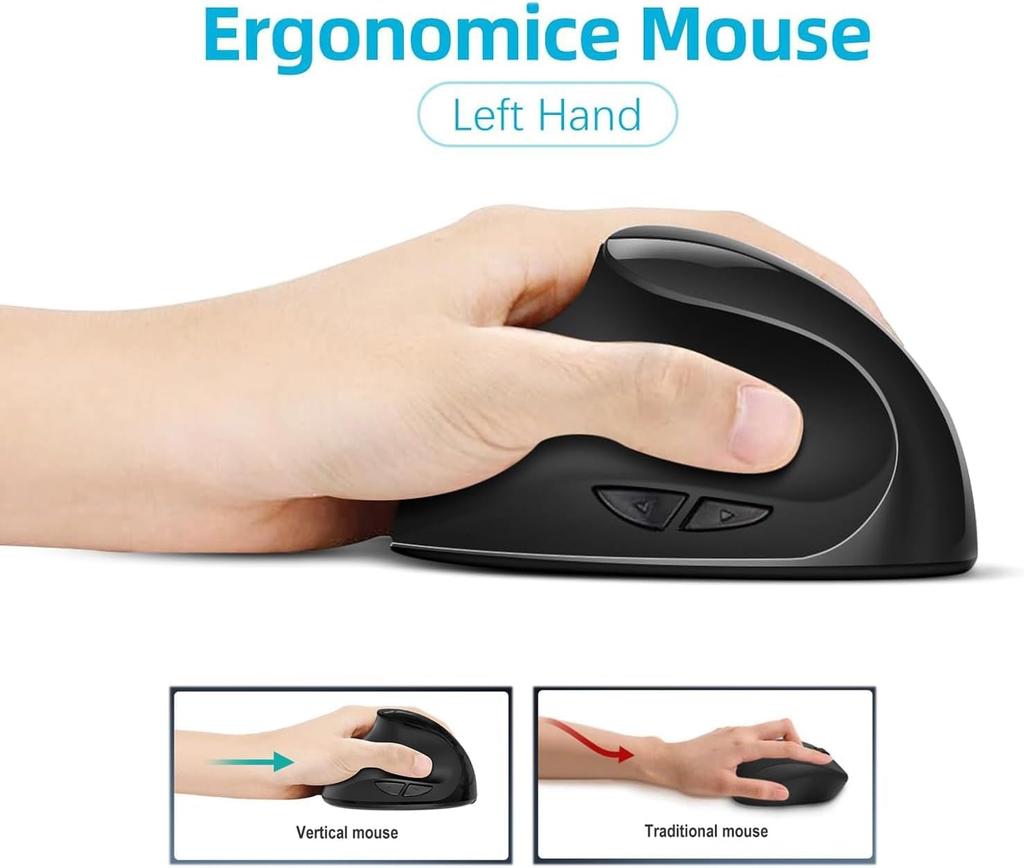 Left-handed Mouse, High-precision Ergonomic Mouse, 2.4G Rechargeable Wireless Vertical Mouse, 3-level Adjustable DPI (80012001600), Reduces Wrist