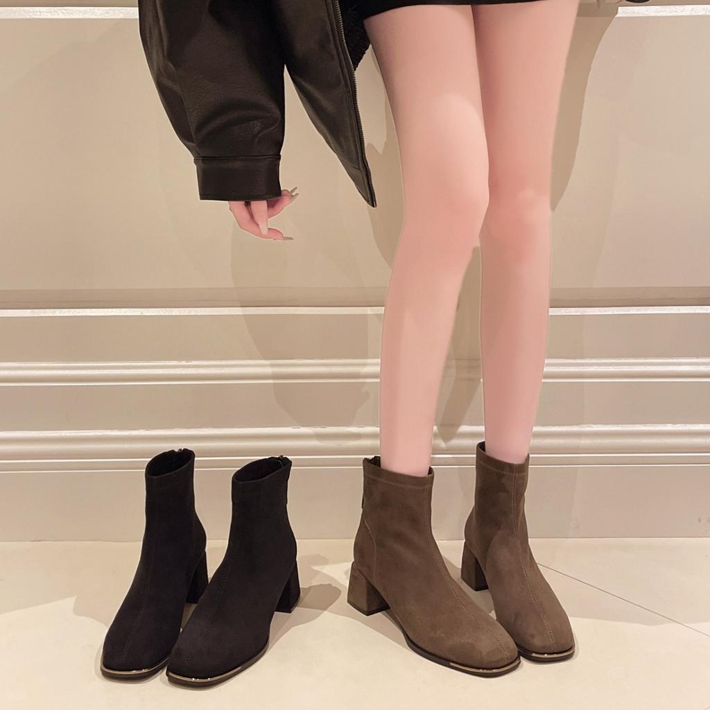 2025 Autumn and Winter New British Style Suede Short Thin Boots French Rear Zipper Square Head Thick Heel Short Boots Women