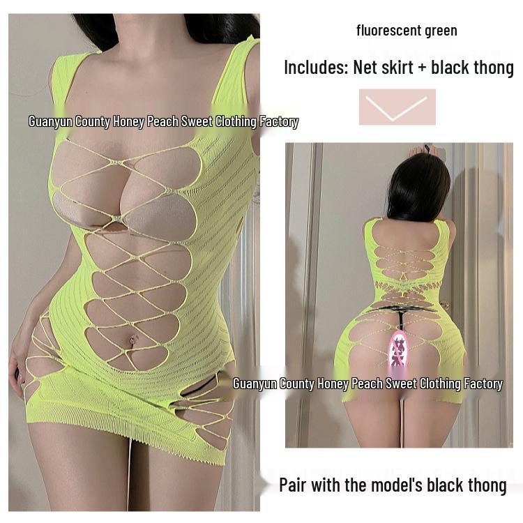 Seductive Christmas Uniform: Open-Crotch Lingerie Set with Fishnet Stockings for New Year Temptation