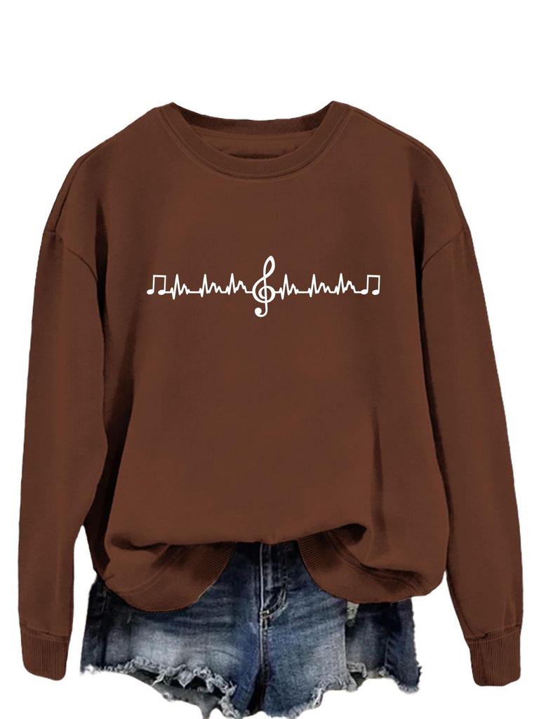 Avrupa & Amerikan Moda Sekizinci Nota Baskılı Çok Yönlü Yuvarlak Yaka Kapüşonlu Sweatshirt - Sonbahar Konforu