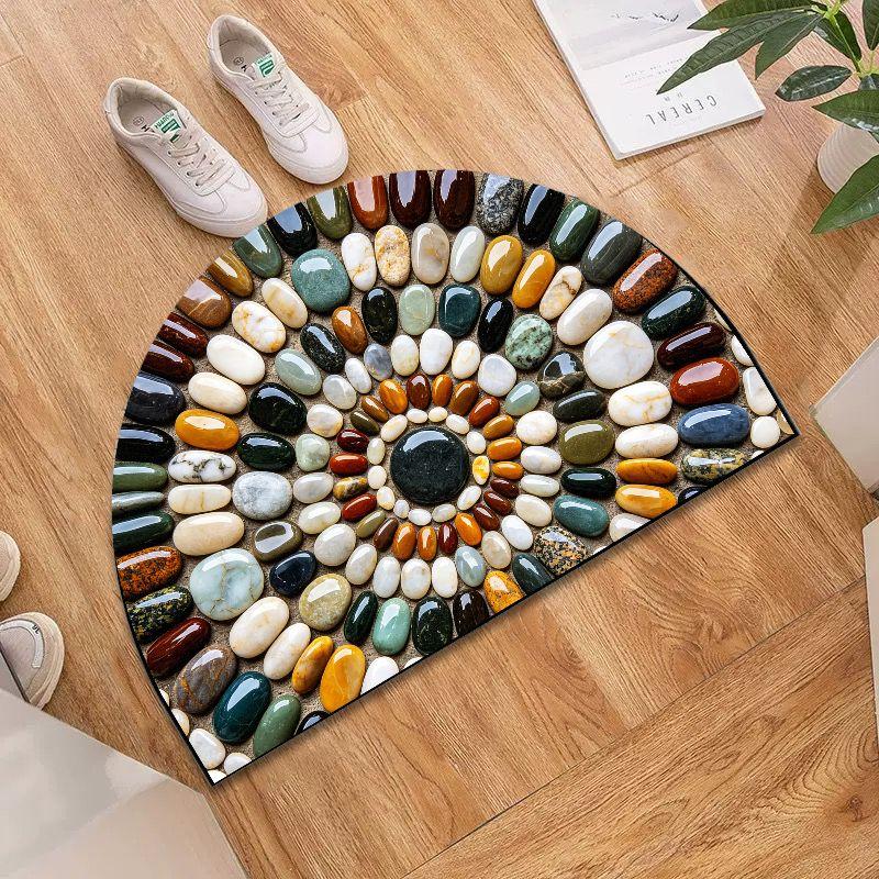 Rainbow Pebble Half Round Bath Mat, Non-slip Water Absorbent Natural Stone Bathroom Rug