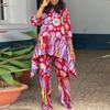 Oversized Women Sets Half Sleeve Printing Irregular Blouse and Long Trousers Suits