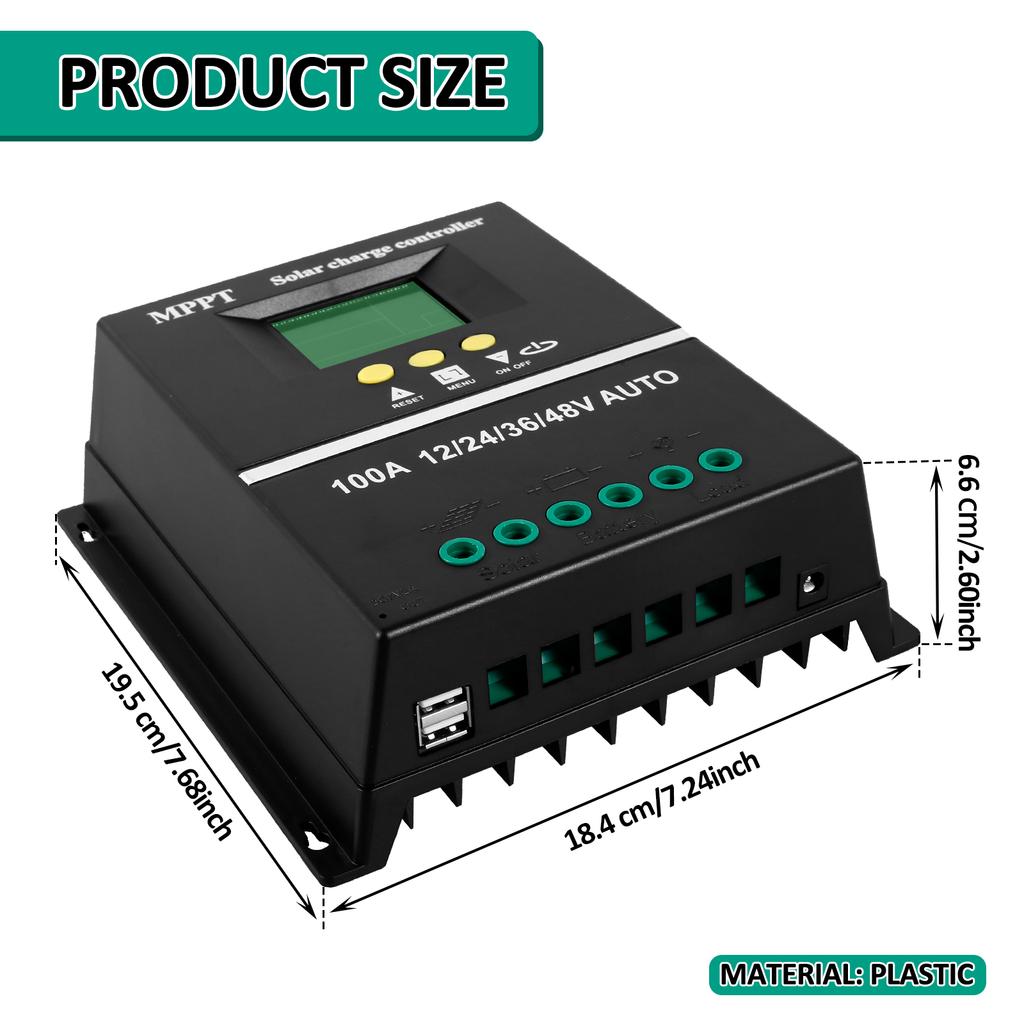 Solarladeregler 100A MPPT LCD-Anzeige Solarbatterie-Regler 12/24/36/48V mit Doppel-USB-Ladeanschluss 7 Modi