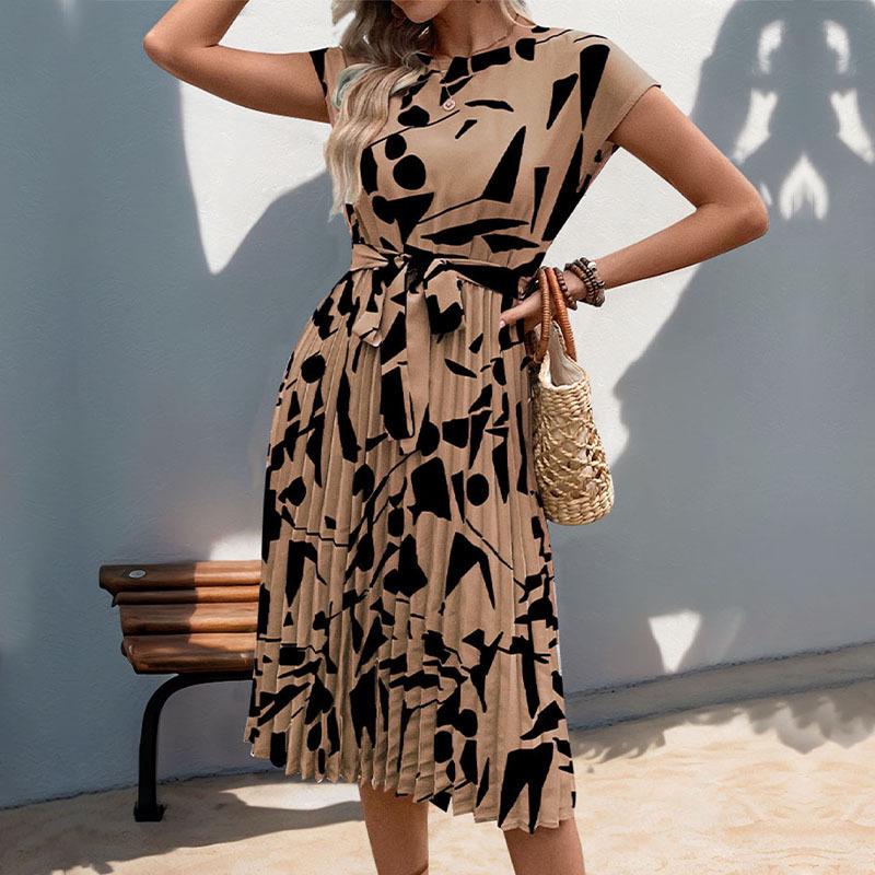 2025 Geometrischer Druck Midilanges Sommerkleid - Plissiert Europäischer & Amerikanischer Stil Damenbekleidung