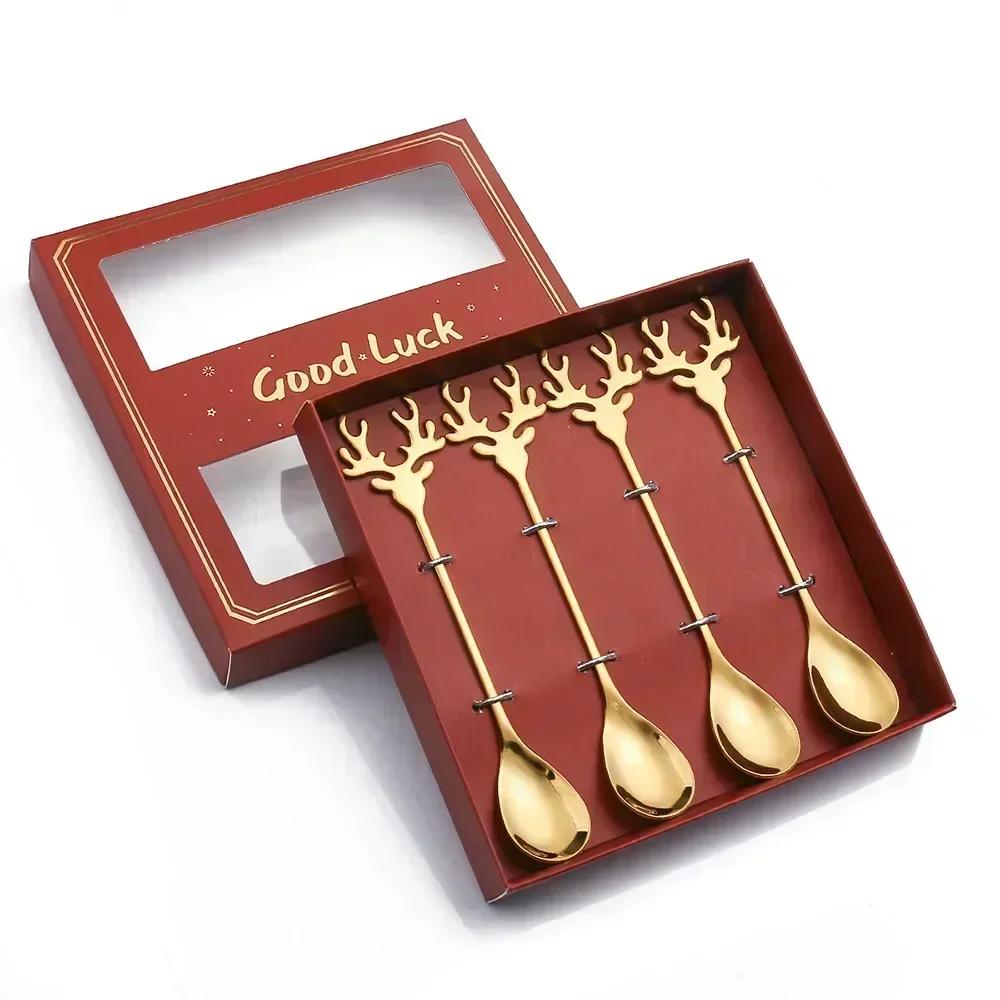 Christmas Table Decor 4-Piece Stainless Steel Cutlery Set with Spoon and Fork, Elk and Xmas Tree Design, Holiday Home Decoration and New Year Navidad