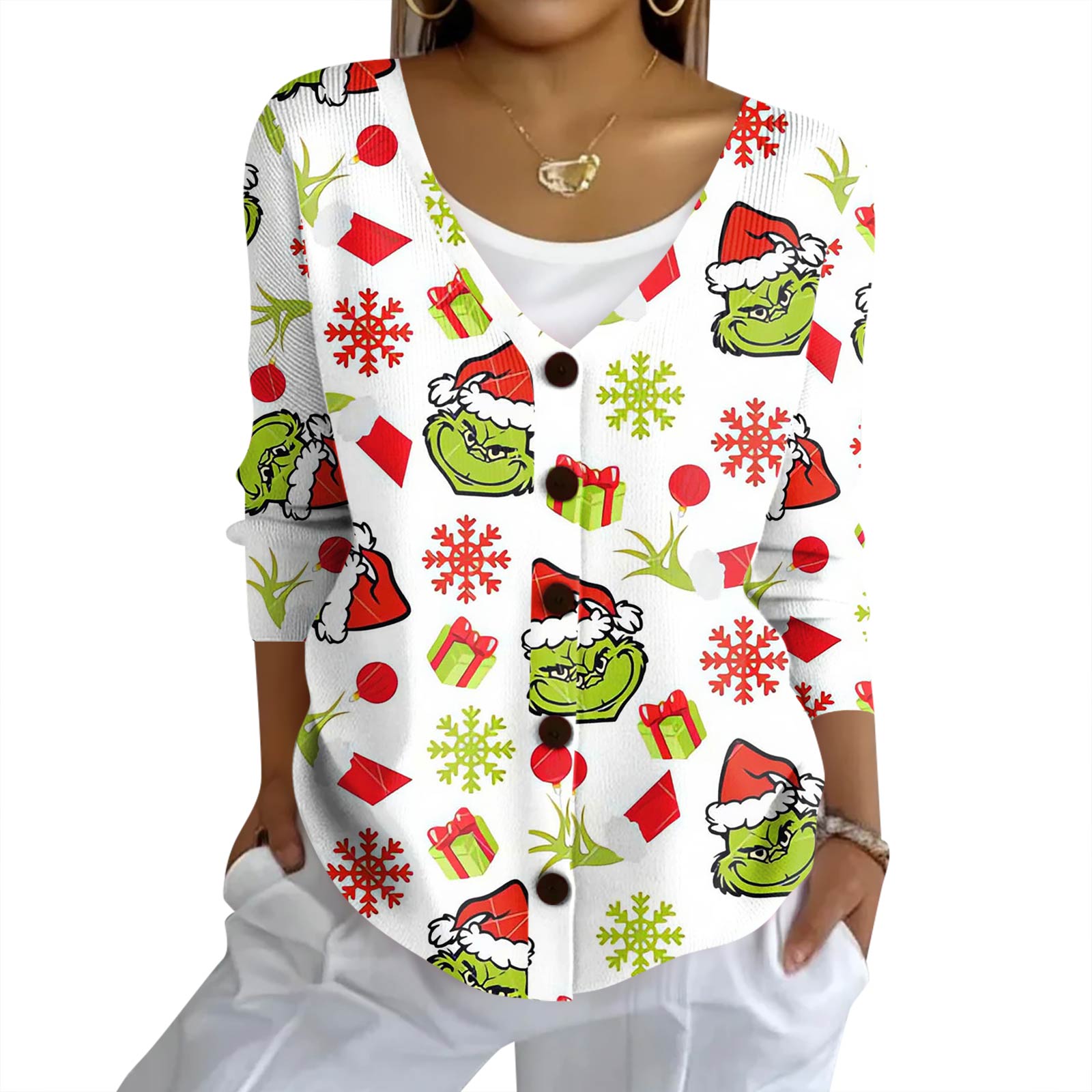 

Женский модный повседневный вязаный свитер на пуговицах, кардиган-жакет с рождественским принтом XL