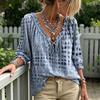 Dreiviertel Puffärmel Oberteil Damen Sommer Lässig Hemd, V-Ausschnitt Schnürung 3/4 Bluse, Kariert Boho Locker Bluse Druck Fließende Oberteile, Leicht Atmungsaktiv