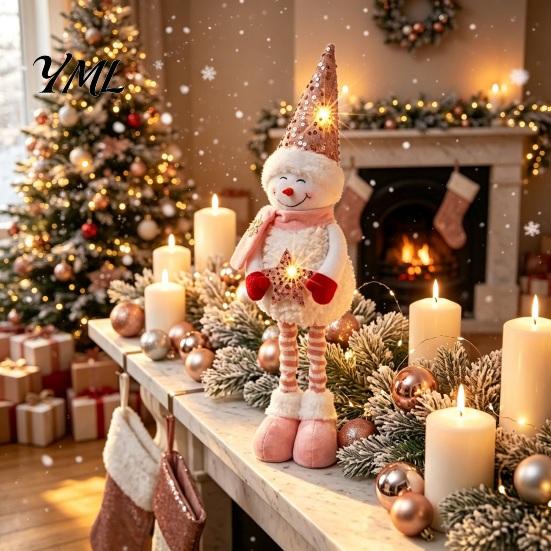 Stuffed Snowman Tabletop Decor Christmas Plush with Extendable Legs, Sequins Hat Holding Star Winter Home Doll, Standing Long Legs Xmas Decoration