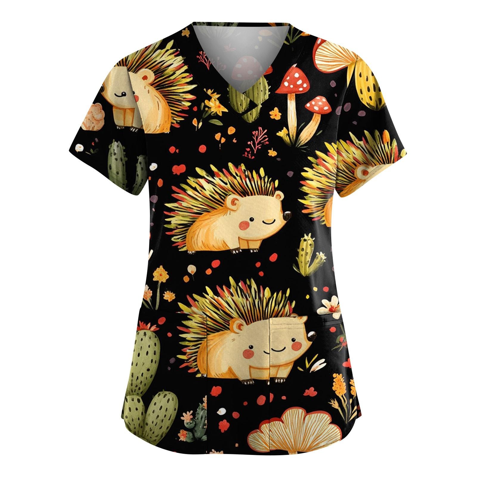 

Жіночі модні топи з V-подібним вирізом і кишеньковим робочим одягом із короткими рукавами та милими тваринами L чорний