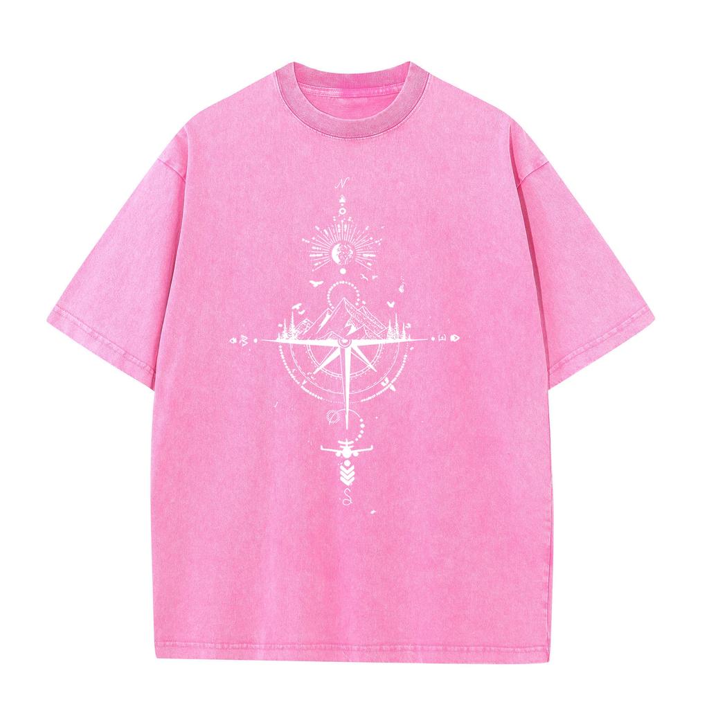 American Vintage Washed T Shirt Compass Mountain Graphic Streetwear Oversized Tee