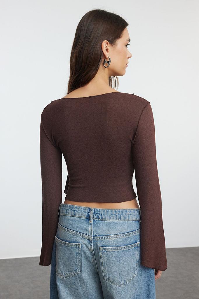 Women's Fashion Brown Wrap Knitwear Look Spanish Sleeve Regular Normal Fit Knitted Blouse