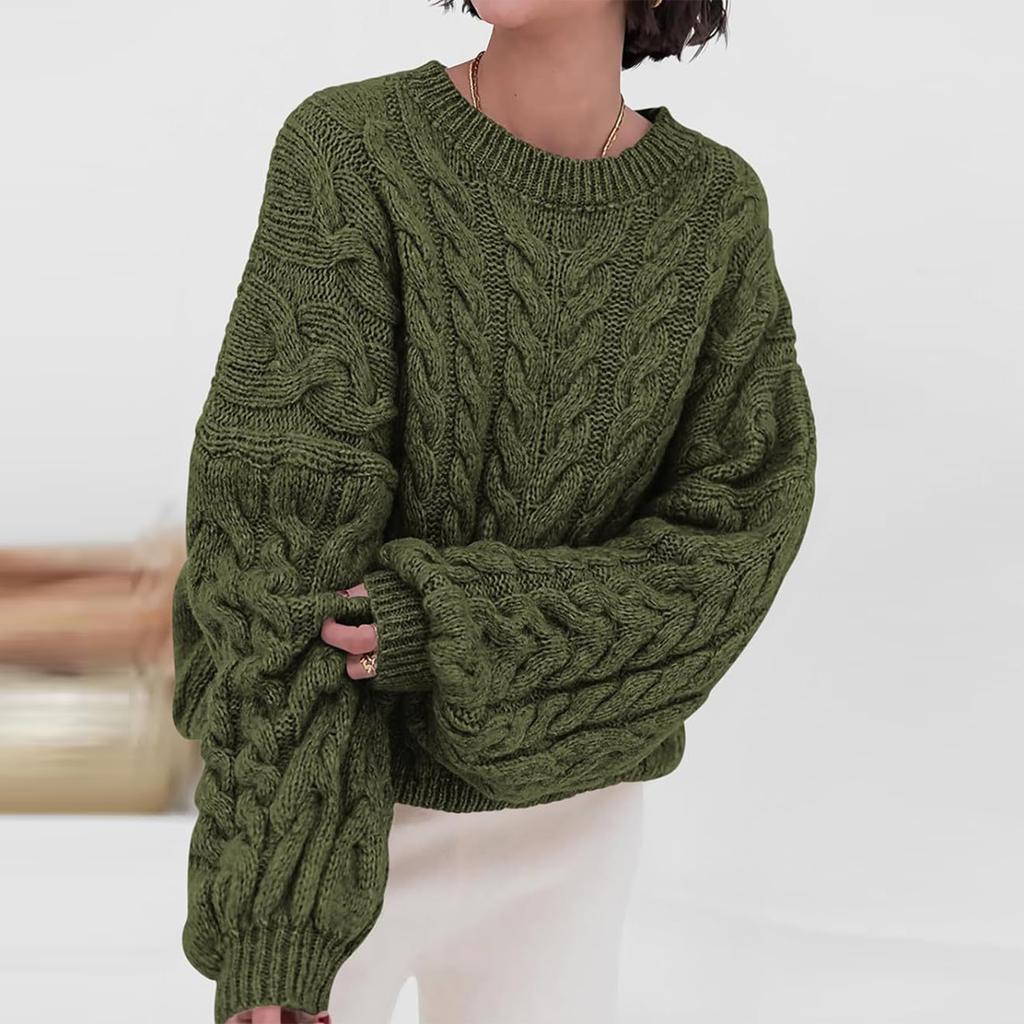 Women's Solid Color Thick Needle Big Dough Twists Loose Pullover Round Neck Long Sleeve Sweater
