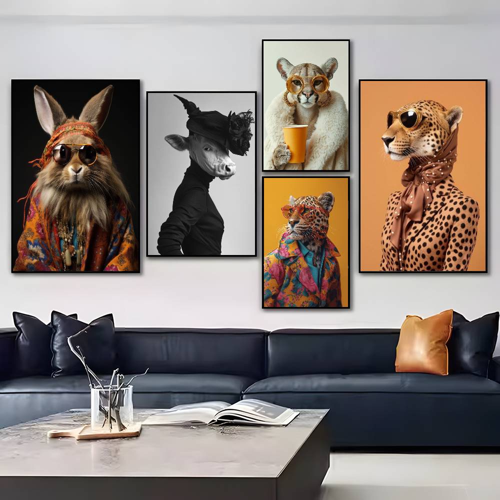1pc Eclectic Fashionista Animal Portrait Poster Sticker Print Waterproof Wall Art For Living Room Bedroom Home Decor