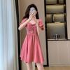 2025 French Chic Puff Sleeve Petite Slimming Short Dress with Cinched Waist