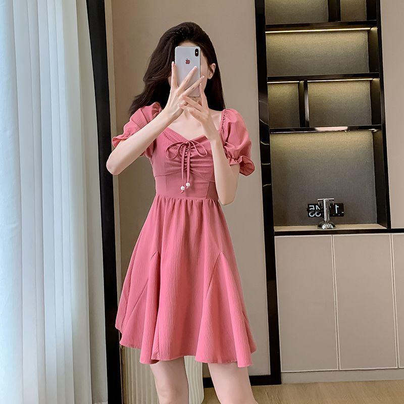 2025 French Chic Puff Sleeve Petite Slimming Short Dress with Cinched Waist