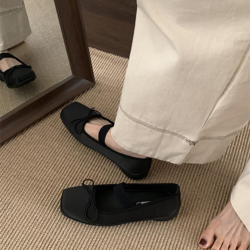 French bow light mouth flat heel single shoes women's shoes 2025 spring and autumn square head retro soft sole Doudou grandma ladyshoes