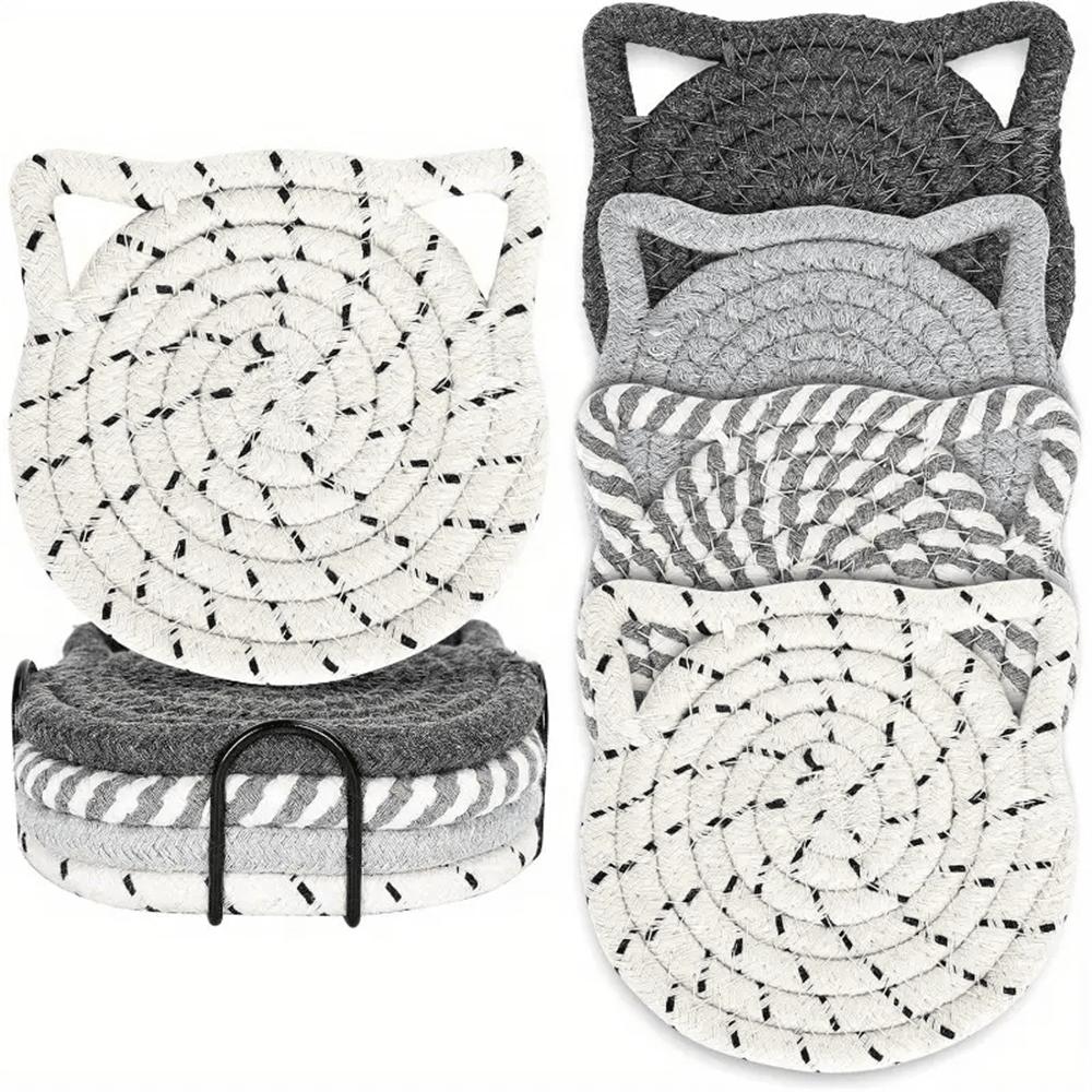 Cat Ear Coasters Set, Handmade Bright Pink Woven Coasters, Non-Slip Absorbent Drink Coasters (With Holder)